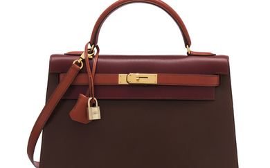 A LIMITED EDITION NOISETTE, BRIQUE & ROUGE H CALF BOX LEATHER SELLIER KELLY 32 WITH GOLD HARDWARE, HERMÈS, 1996