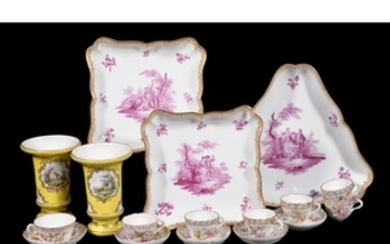 A pair of Meissen (outside decorated) shaped square dishes painted in puce with Watteauesque vignettes