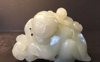 OLD Large Chinese White Jade Boys Carving, 4" long
