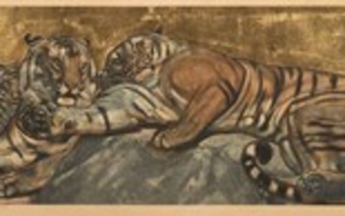 Paul JOUVE 1878-1973 «Tigres au repos» - 1932