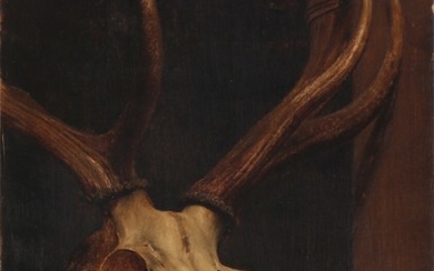 Peter Christian Hauberg: Still life with a deer skull. Signed and dated P. Hauberg 11. Januar 1872. Oil on canvas. 59×42 cm. Unframed.