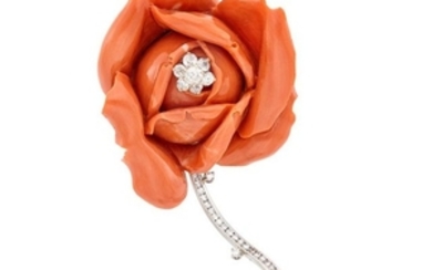Platinum, Gold, Carved Coral and Diamond Rose Brooch