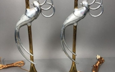 Pr Figural Fancy Bird Brass Modernist Table Lamps