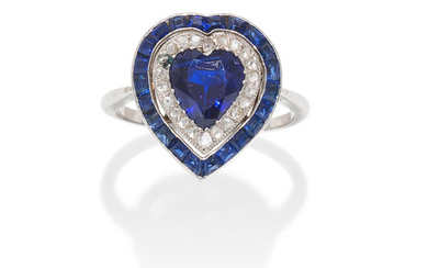 A sapphire and diamond heart ring