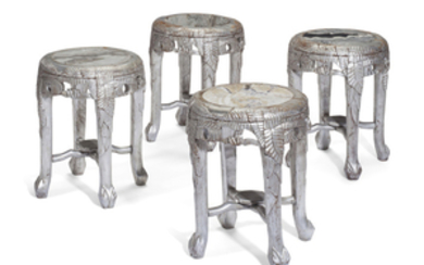 AN SET OF FOUR INDIAN SILVERED-HARDWOOD AND MARBLE INSET STOOLS, 20TH CENTURY