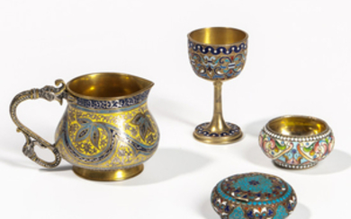 Three Pieces of Russian Silver and Cloisonne-enameled Tableware