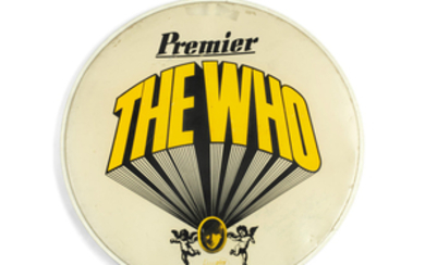 The Who: Keith Moon's 22-inch Premier Ever Play drumhead, featuring 'The Who' logo from his famous Pictures of Lily drumkit