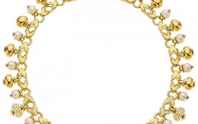 55055: Diamond, Cultured Pearl, Gold Necklace The neck
