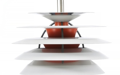 Poul Henningsen: “Kontrast”. Pendant with white and orange lacquered lamellaes.