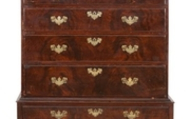 QUEEN ANNE FLAT-TOP HIGHBOY In cherry. Upper case with molded cornice and five graduated full-width drawers. Lower case with a full-...
