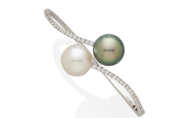 A colored cultured pearl, cultured pearl, diamond and 18k white gold bangle bracelet