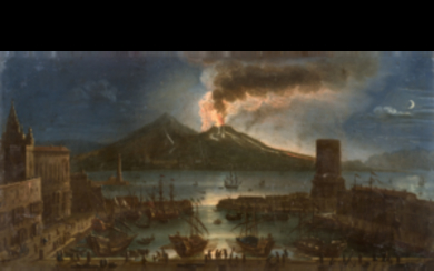 Early 19th Century Neapolitan school Night view of the Vesuvio from the port of Naples oil on copper 21x41.5 cm.