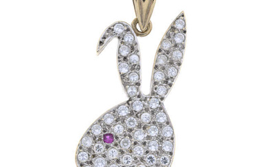 9ct gold colourless & red gem bunny pendant