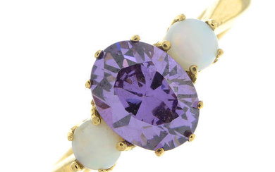 9ct gold purple cubic zirconia & opal three-stone ring.