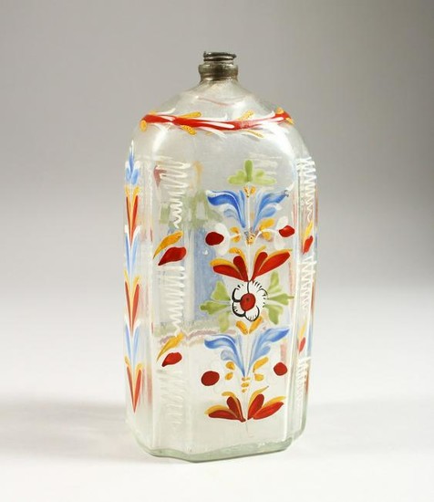 A 19TH CENTURY DUTCH GLASS FLASK, painted with a female