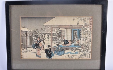 A 19TH CENTURY JAPANESE MEIJI PERIOD BLOCK PRINT depicting figures and samurai within a snowy temple