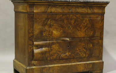 A 19th century French walnut three-drawer commode with a veined grey marble top, height 94cm, width