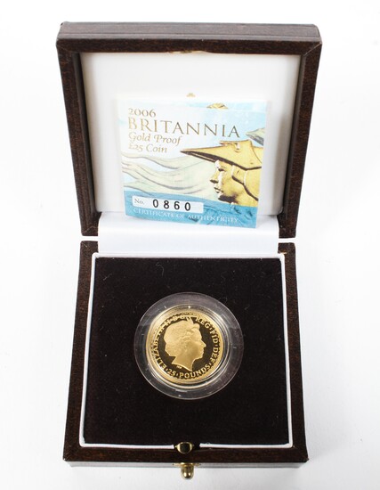 A 2006 Britannia gold proof £25 coin. 8.5g. In Perspex case, box and certificate.