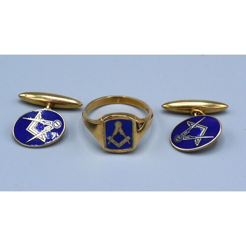 A 9ct. Gold and Blue Enamel Signet Ring with Masonic Compass...