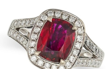 A BURMA NO HEAT RUBY AND DIAMOND RING in 18ct white gold, set with a cushion cut ruby of 2.00 carats