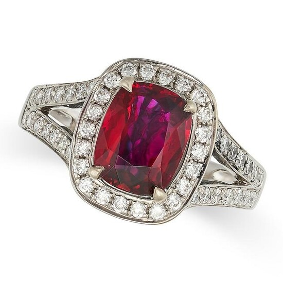 A BURMA NO HEAT RUBY AND DIAMOND RING in 18ct white gold, set with a cushion cut ruby of 2.00 carats