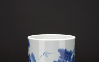 A CHINESE BLUE AND WHITE 'FISHERMAN' BRUSHPOT