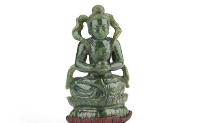 A CHINESE SPINACH JADE FIGURE OF A BODHISATTVA