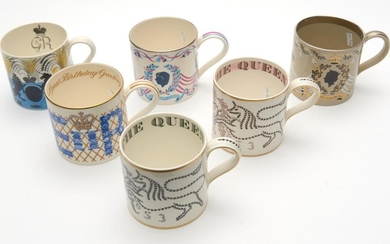 A COLLECTION OF SIX ROYAL MEMORABILIA MUGS INCLUDING WEDGWOOD
