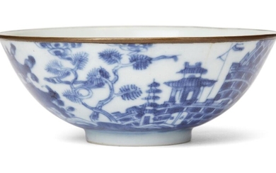 A Chinese blue and white bowl, 19th century, painted with boats and pagodas in a coastal landscape, inscribed with poem, underglaze blue wan yu mark to base, the rim mounted with copper band, 11.5cm diameter 十九世紀 青花繪佛塔紋盌