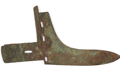 A Chinese bronze halberd blade, Han dynasty, sparsely covered with...