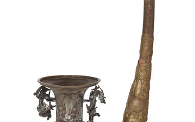 A Chinese bronze vase and Tibetan copper Rkangling horn, 19th century, the...
