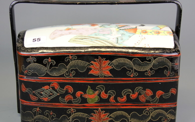 A Chinese carved wooden lacquered hand painted sectional box with handle, size 32.5 x 26 x 17cm.