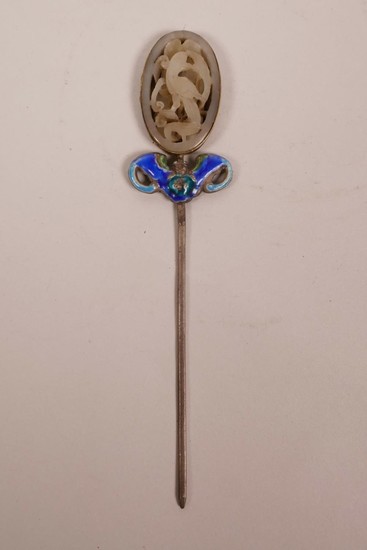 A Chinese white metal hair pin with enamelled bat decoration...