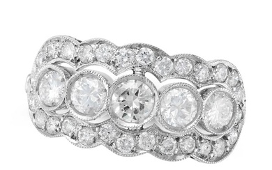 A DIAMOND DRESS RING set with five round brilliant cut diamonds in a border of round brilliant cut