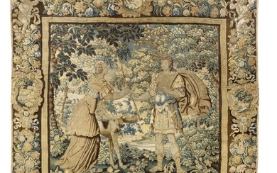 A Flemish 17th century tapestry depicting the Roman mythology scenery “The meeting of Diana, Goddess of the Hunt and Roman forest god Virbius”. 266×285 cm.