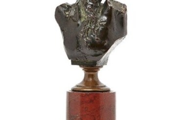 A French bronze bust of a satyr, 19th century, on an associated bronze and rouge marble plinth, 22cm high