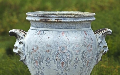 A French emaille enamel decorated twin handled urn