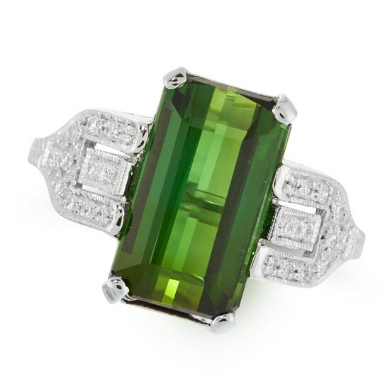 A GREEN TOURMALINE AND DIAMOND DRESS RING in 18ct white