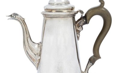A George II silver coffee pot, London, 1749, Thomas Whipham, of baluster form with fluted zoomorphic spout, wooden scroll handle and a stepped, domed lid with knopped finial, the underside scratch engraved with initials and date 1750, approx. 23cm...