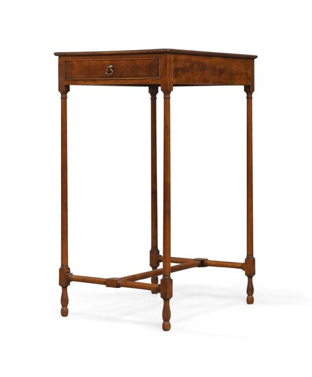 A George III rectangular satinwood occasional table, circa 1785, the top with fan paterae and rosewood crossbanding, above single drawer, on ring turned legs joined by stretcher, 68cm high, 35cm wide, 45cm deep