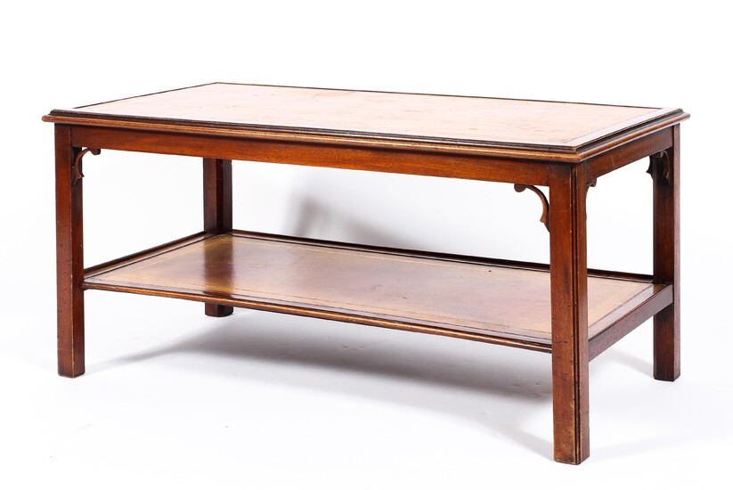 A Georgian style mahogany rectangular coffee table inset with tooled tan leather top, 20th century