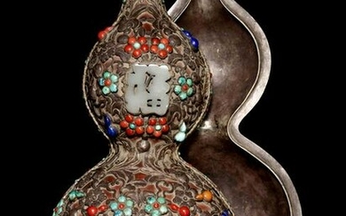 A Jade and Hardstone Embellished Silver Mounted Gourd