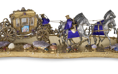 A LARGE CONTINENTAL PARCEL-GILT SILVER, ENAMEL AND HARDSTONE-MOUNTED CARRIAGE GROUP...
