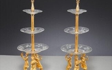 A LARGE PAIR OF DORE BRONZE AND BACCARAT GLASS ETAGERS