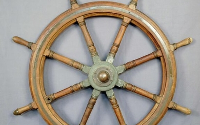 A Large Antique Hardwood Ships Wheel with Brass