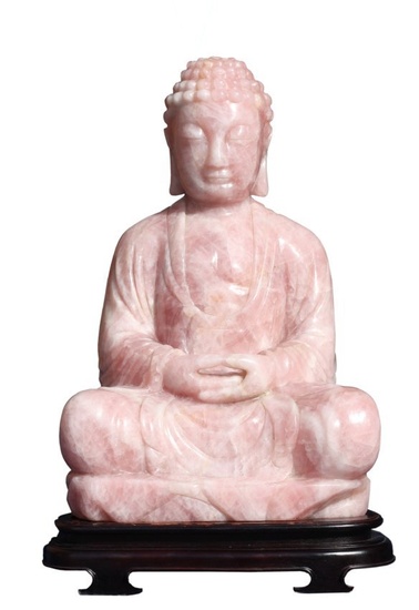 A Large Chinese Carved Rose Quartz Figure of a Seated Buddha
