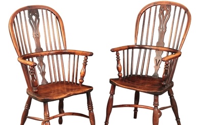 A MATCHED PAIR OF YEW, ASH AND ELM WINDSOR ARMCHAIRS late 1...