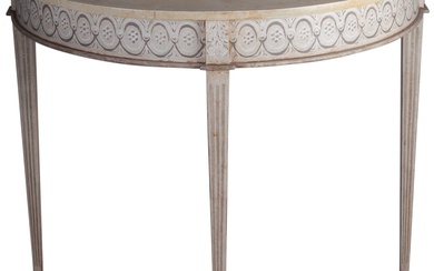 A Neoclassical style polychrome-painted demi-lune console table 87 x...