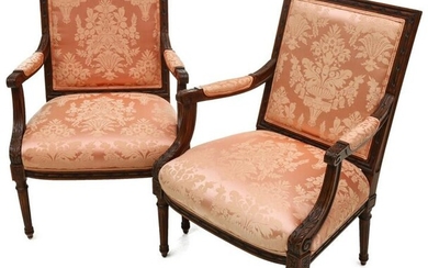 A PAIR 20TH CENTURY LOUIS XVI STYLE FAUTEUIL IN DAMASK