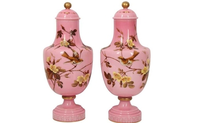 A PAIR OF BACCARAT-STYLE PINK AND WHITE OPALINE GLASS LIDDED VASES PAINTED WITH GOL-O-BOLBOL MOTIF France, late 19th - early 20th century